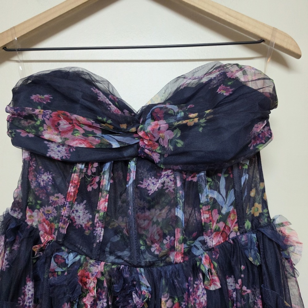 Faeriesty Womens Navy Floral Mesh Ruffled Corset Strapless Maxi Dress Sz L - Picture 3 of 10